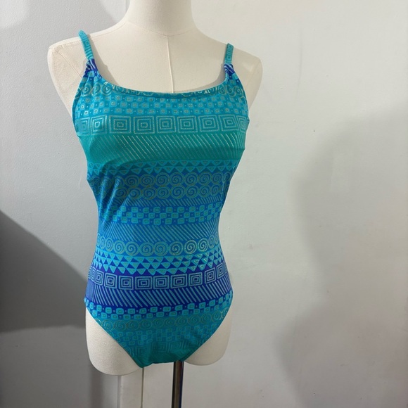 Vtg Kathy Ireland One Piece Swimsuit Built in Bra Blue Green Ombré Shine Sz S - Picture 1 of 13